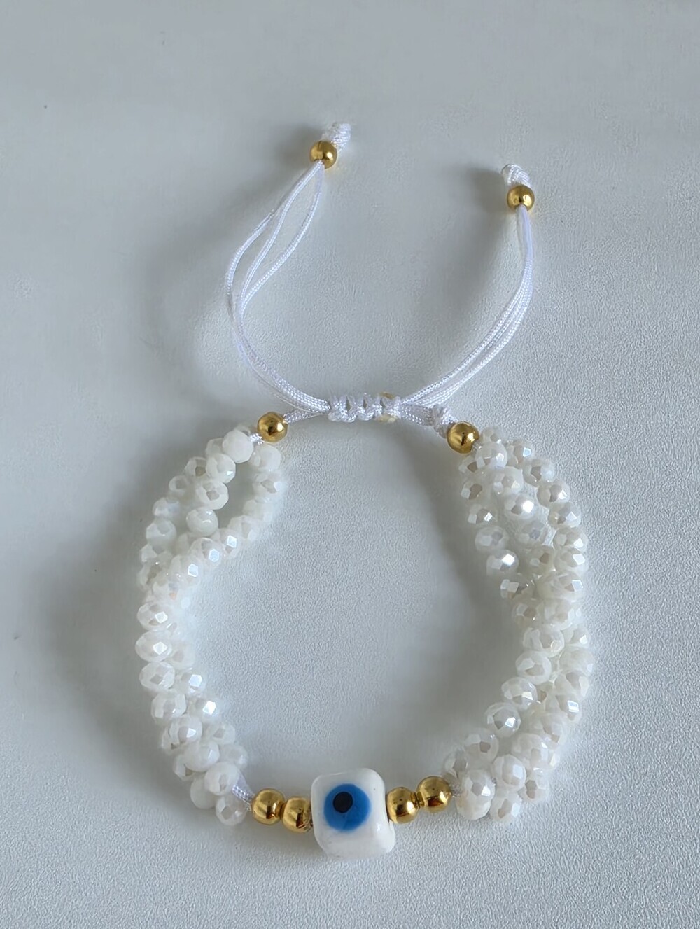 Handmade White Crystal Evil Eye Adjustable Bracelet Gold Tone Beaded Boho